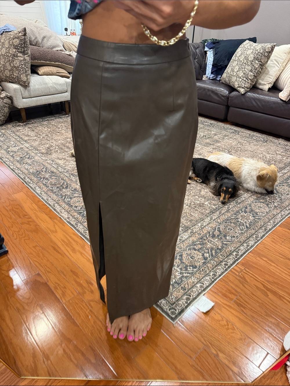 High-Rise Brown Faux-Leather Maxi Skirt with Thigh Slit and vest set - Picture 2 of 5